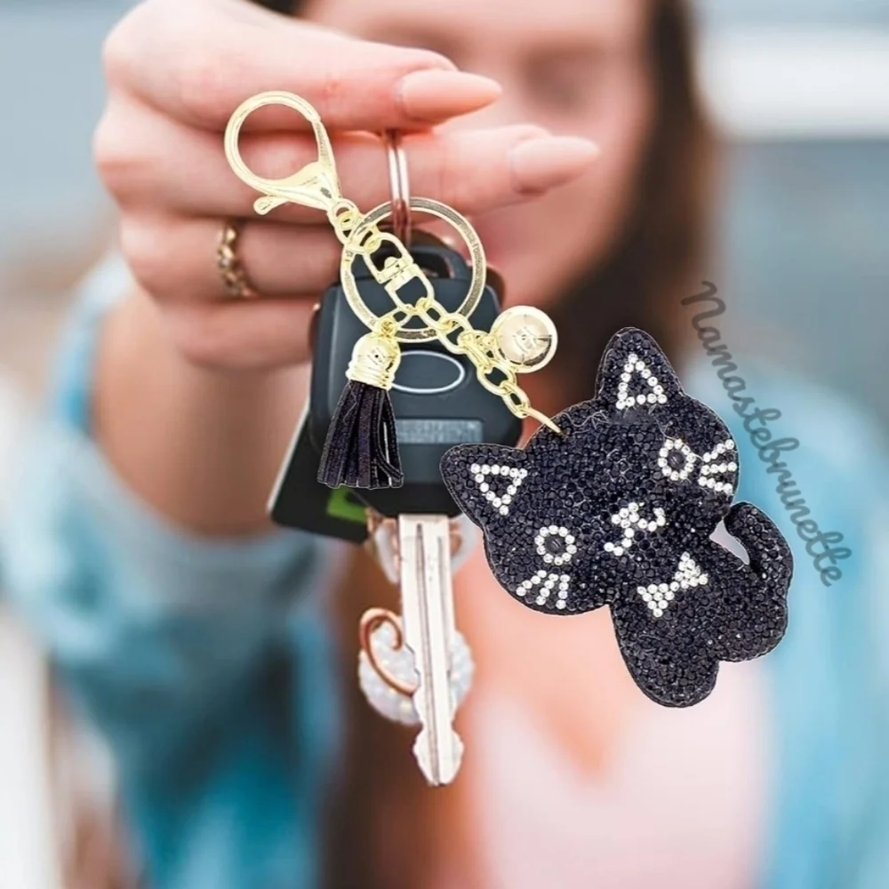 Kitty Cat Crystal Rhinestone Keychain Bag Charm With Black Tassel